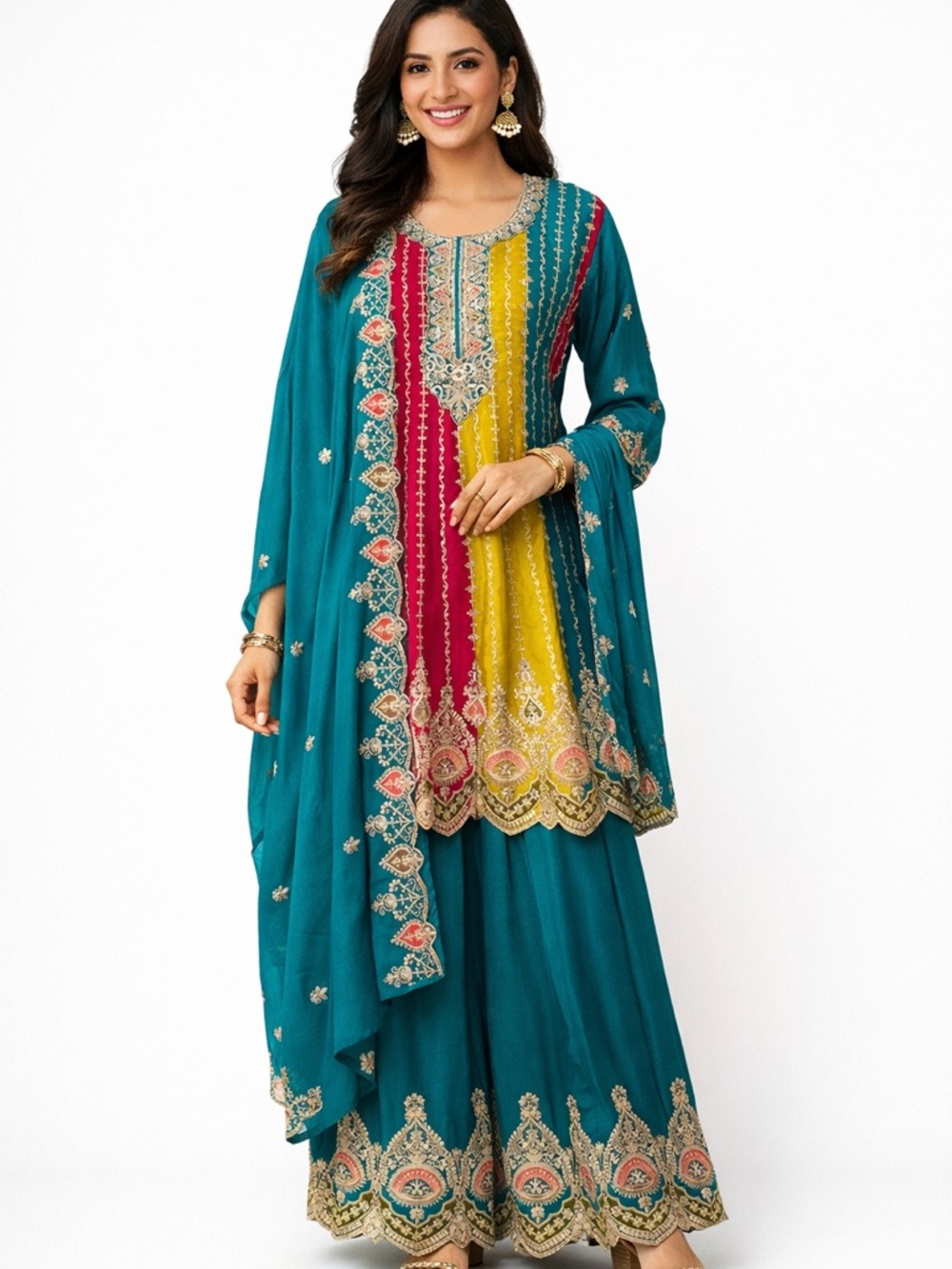Teal Anarkali Palazzo Set w/ Dupatta | Embroidered Zari Ethnic - Picture 3 of 16